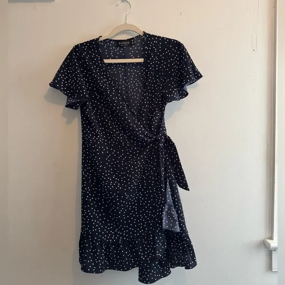 Relipop Navy Blue Polka Dot Wrap Dress | Size M - Picture 2 of 7